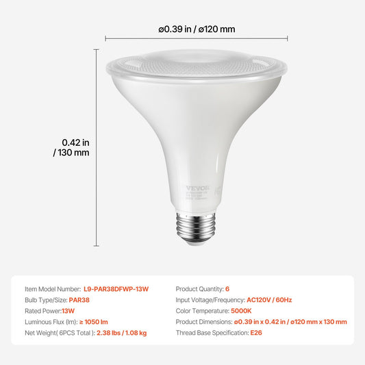 US Local PAR38 Outdoor Flood Light Bulb 6 Pack 1050 Lumens LED Bulbs 5000K Dimmable