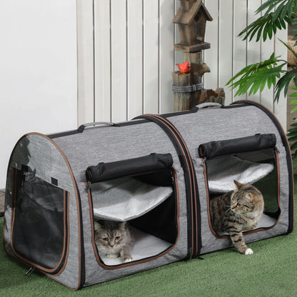 US Local Portable Soft-sided Pet Cat Carrier With Divider, Two Compartments, Padded And Storage Bag, Grey