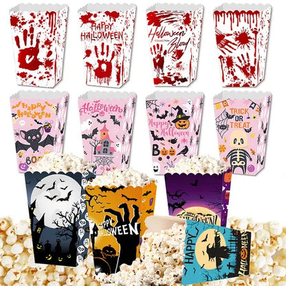 US Local 12 Pcs Halloween Popcorn Box 3 Designs Spooky Halloween Trick Or Treat Boxes Bloody Theme Party Favor Snack Boxes Candy Cookie Container Paper Boxes For Halloween Holiday Party Supply