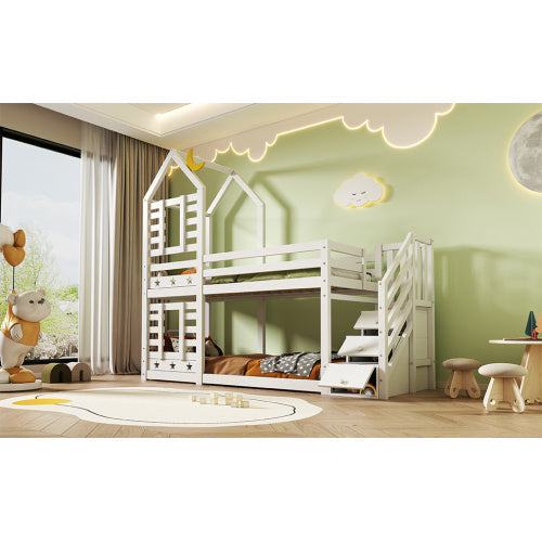 UK Local Bunk Bed Storage Children Cabin Bed Single Bed With Window For Kids, Twin Sleeper 190x90 Cm, Solid Pine Wood,3FT -White