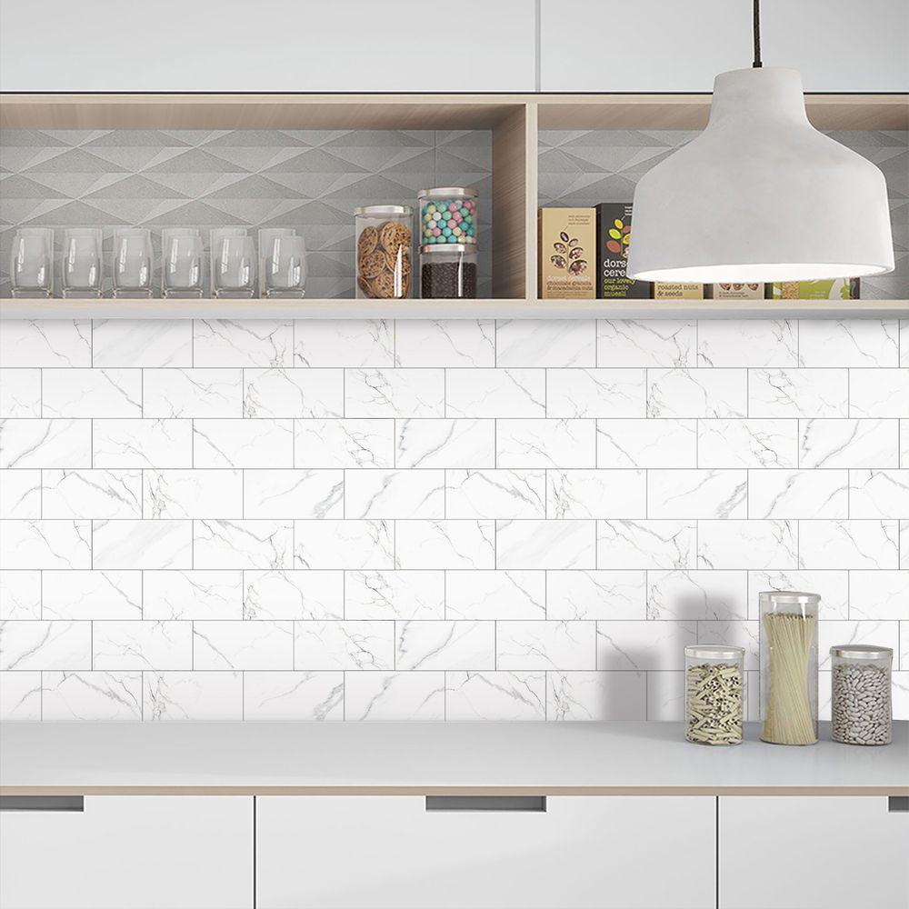US Local White Marble Look Wall Sticker Peel And Paste Splash-proof PVC Composite Wall Tile Kitchen Bathroom