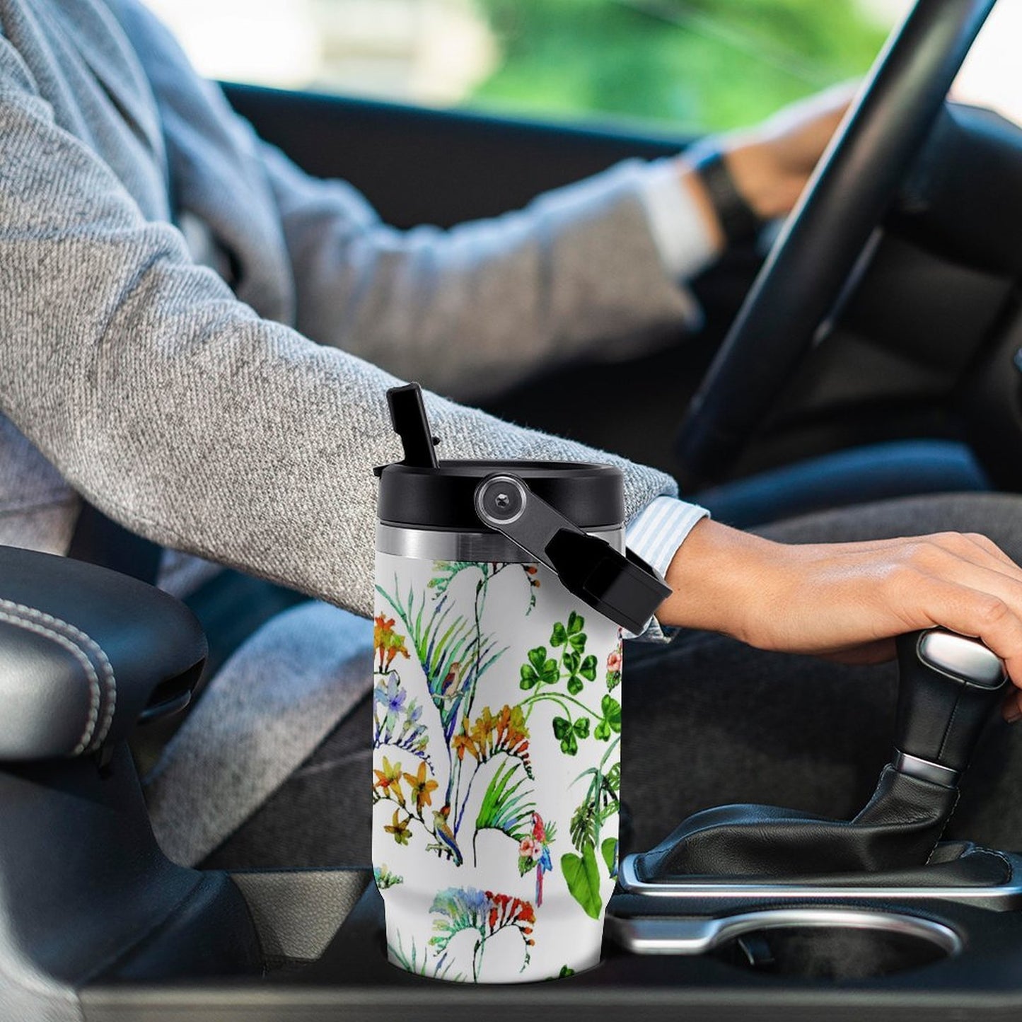 POD US Local Tumbler 30oz Large Capacity Car Cup Parrots, Flowers, Tropical Style