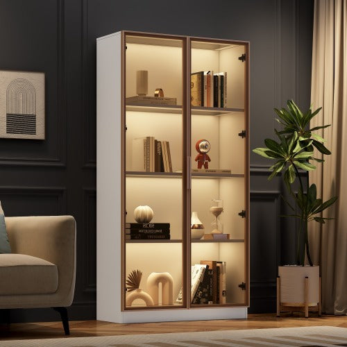 UK Local LED Display Cabinet, Clear Display Case For Figures, Storage Shelves With Tempered Glass Door, Storage Cabinet Floor Standing Transparent Showcase 160x80x40 Cm White