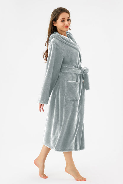 US Local RONGTAI Womens Hooded Robe Long Plush Fleece Bathrobe With Pockets Nightwear S-XXL
