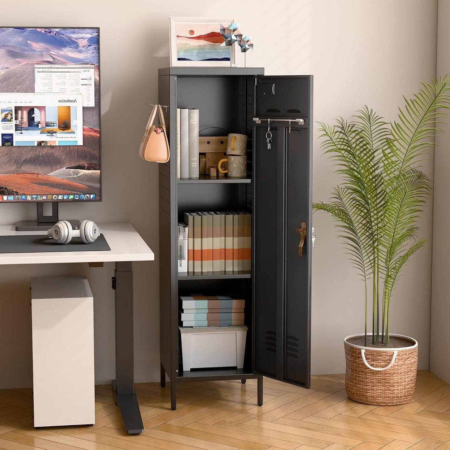 US Local Metal Lockers For Employees With Handle,Metal Storage Locker With 2 Pegboard & 5 Hooks For Gym, School, Office,Home,Garage,Black