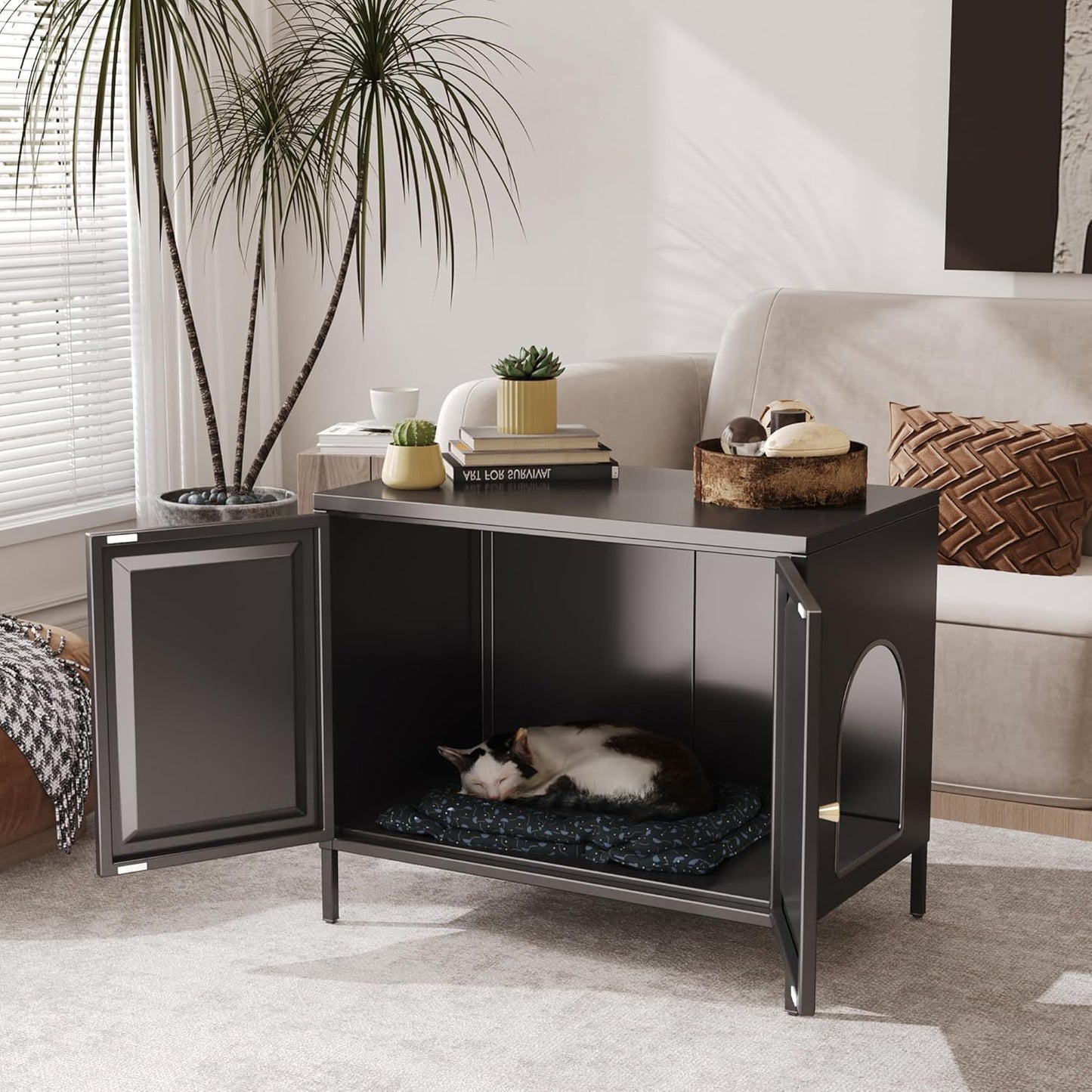 METAN Cat Litter Box Enclosure, Metal Cat Washroom Furniture With Barn Door, Pet House, Fit Most Of Litter Box,Black,Assembly Required