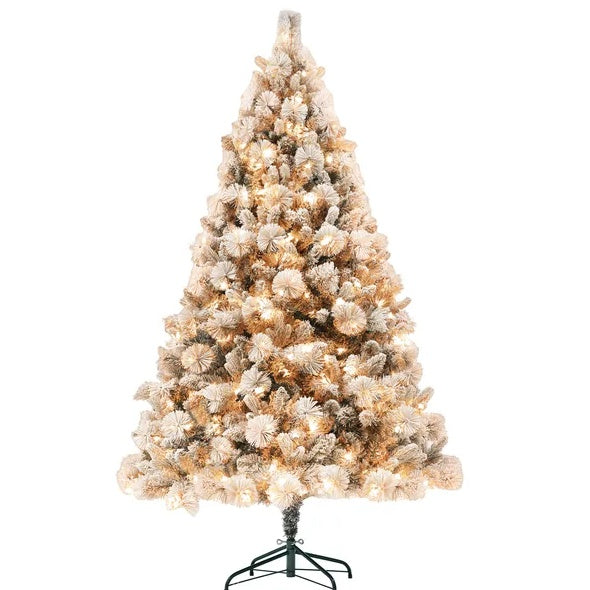 US Local HOMCOM 6.5 Ft Pre-Lit Artificial Christmas Tree With 350 Clear Lights And 1107 Tips, Snow Flocked Christmas Tree With Metal Stand, Hinged Xmas Tree For Home Office Holiday, Green