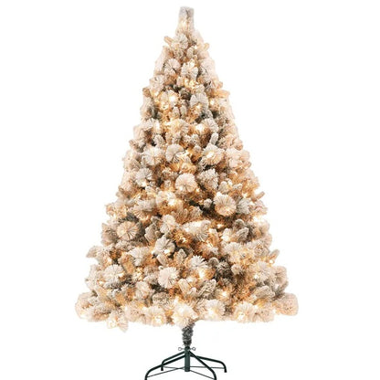 US Local HOMCOM 6.5 Ft Pre-Lit Artificial Christmas Tree With 350 Clear Lights And 1107 Tips, Snow Flocked Christmas Tree With Metal Stand, Hinged Xmas Tree For Home Office Holiday, Green