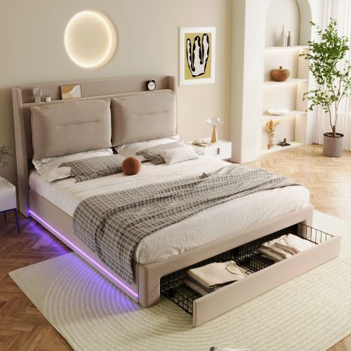 UK Local Upholstered Bed, 135x190 4ft6, Double Bed, Hydraulic Bed, 2-in-1 Storage Drawers At The End Of The Bed, Recessed LED Light Strips On Both Sides Of The Bed, Slatted Frame, Velvet,Beige
