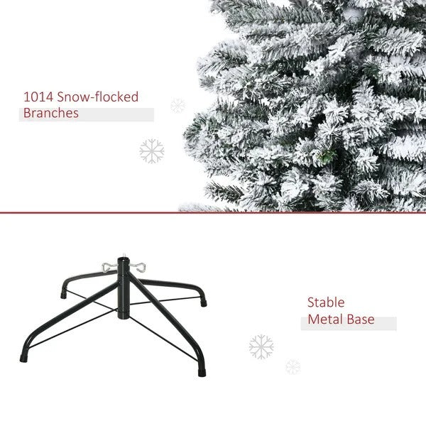 CA Local 9 ft Flocked Christmas Tree, Pencil Christmas Tree With Realistic Branch Tips, Folding Metal Stand, Green