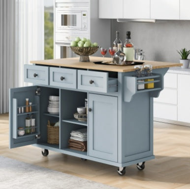 US Local Kitchen Cart With Rubberwood Drop-Leaf Countertop, Cabinet, Storage Racks