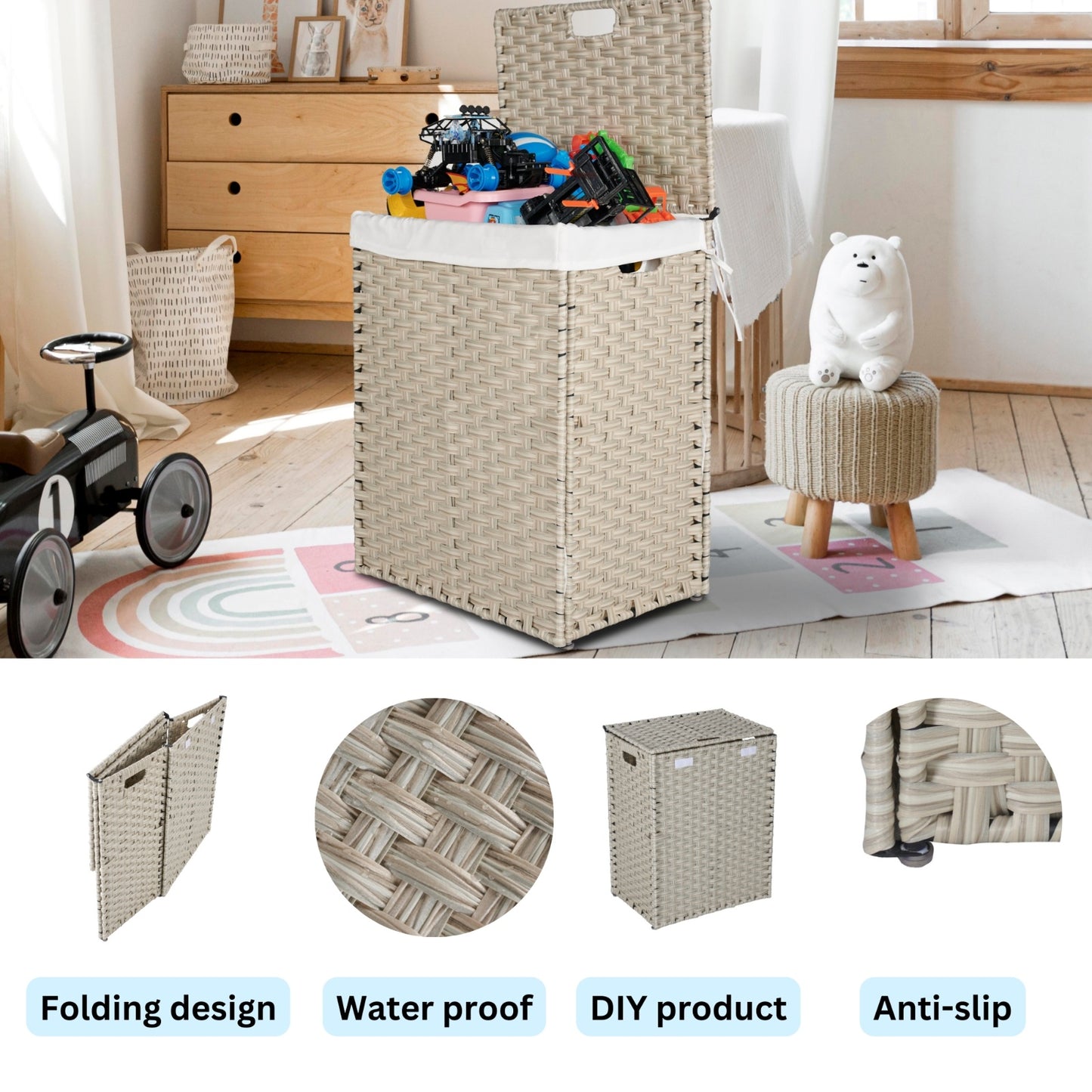 US Local Laundry Hamper With Lid PE Rattan Powder Coating Frame Clothes Hampers With 02 Removable Bags,