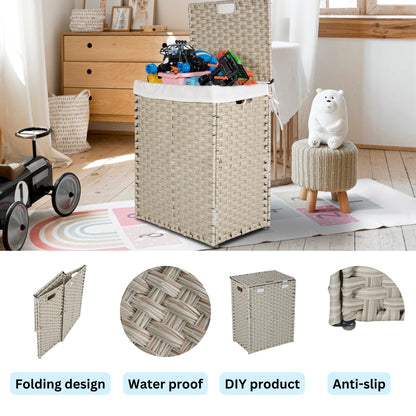 US Local Laundry Hamper With Lid PE Rattan Powder Coating Frame Clothes Hampers With 02 Removable Bags,
