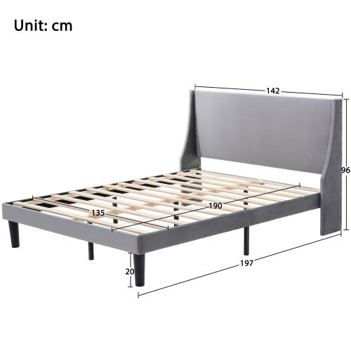 UK Local Double Bed Velvet Dark Green 4FT6 Upholstered Bed With Winged Headboard, Wood Slat Support