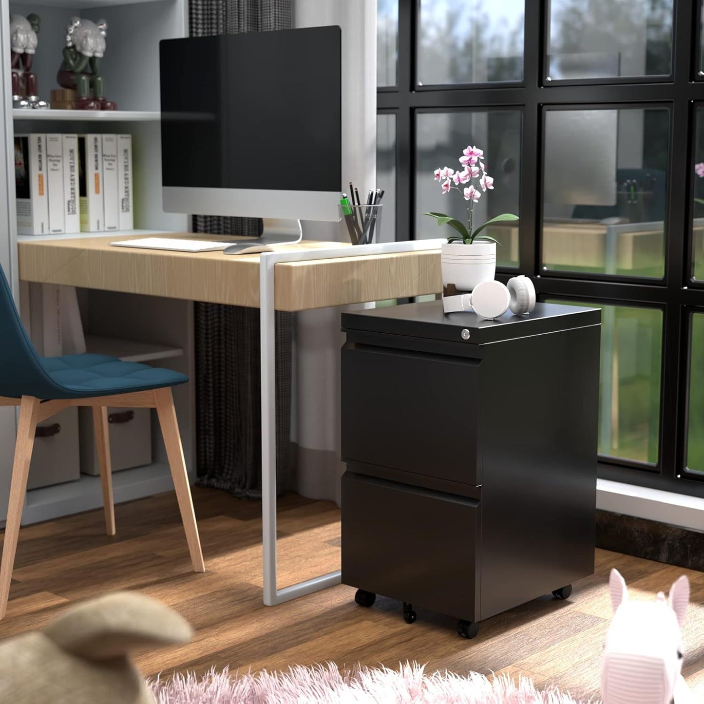 US Local 2 Drawer Vertical File Cabinet With Lock, Mobile Metal Filing Cabinet For Legal Letter Size, Office Storage File Cabinet Under Desk, Fully Assembled Except Wheels, Black