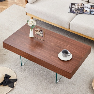 US Local Walnut Colored MDF Coffee Table - 39.3x21.6 With Tempered Glass Legs.Density Board Sticker,Reinforced Glass Legs.Walnut Colored Texture Sticker.
