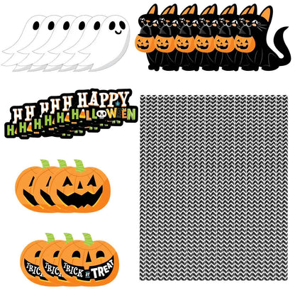 US Local Set Of 25Pcs Halloween Party Striped Decorative Straws Disposable Drinking Straws Paper Straw Decor Happy Halloween Ghost Lantern Black Cat Halloween Party Supplies