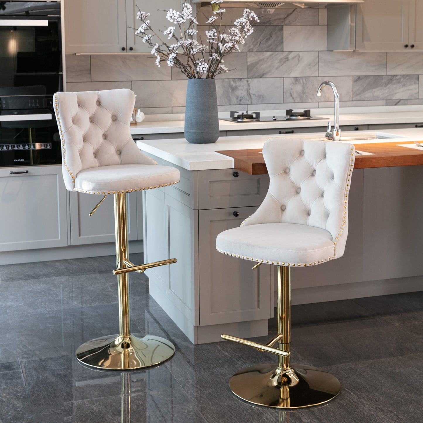 US Local A&A Furniture,Golden Swivel Velvet Barstools Adjusatble Seat Height From 25-33 Inch