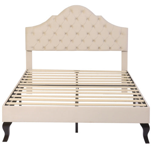 UK Local Upholstered Bed With Slatted Frame And Headboard, 4ft6 Double Bed,135x190,Upholstered Bed With Height-adjustable Headboard, Youth Bed, Wooden Slat Support, Easy Assembly, Velvet, Beige