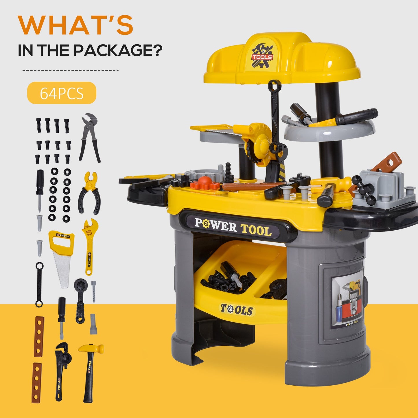 US Local Play Toy Workbench for Kids 64 Pieces Tools Plus Case Storage Shelf Construction Tool Accessories Playset Construction Pretend Play Toy Kit