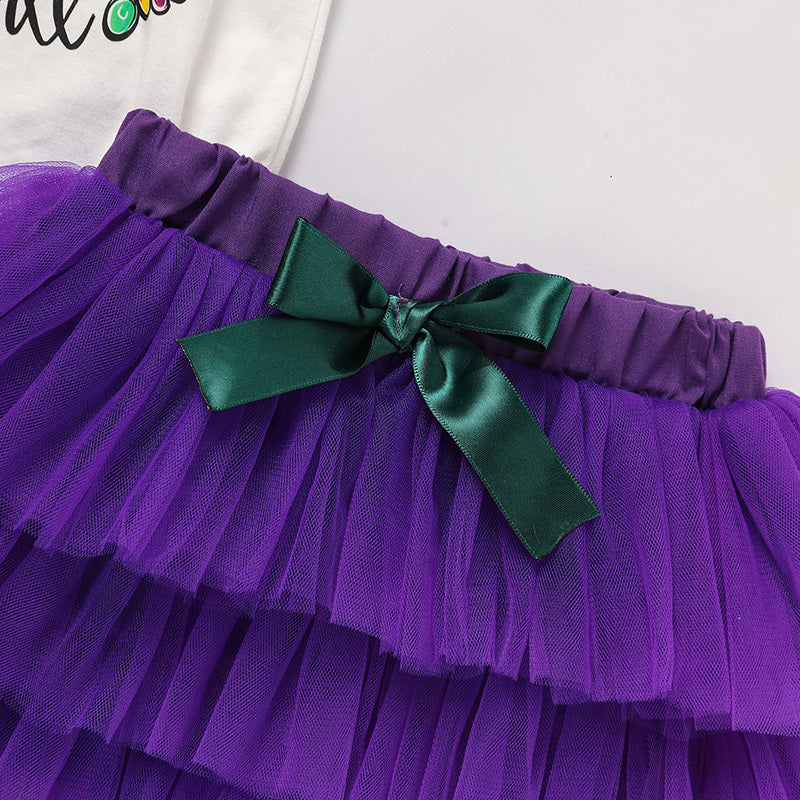 US Local Baby Girls' Mardi Gras Outfit Set Ruffle Sleeve Letter Print Bodysuit, Mesh Tutu Skirt & Hairband