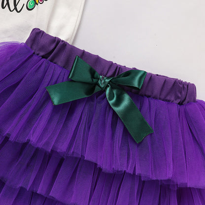 US Local Baby Girls' Mardi Gras Outfit Set Ruffle Sleeve Letter Print Bodysuit, Mesh Tutu Skirt & Hairband