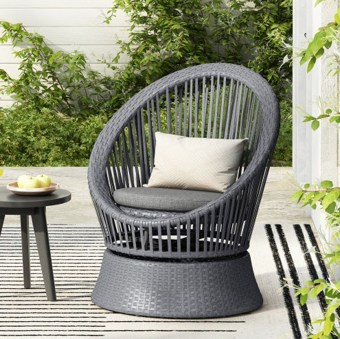 US Local 26.7 Modern Gray Wicker Lounge Chair With Rattan And Iron Frame, Featuring A Stylish Round Design, Perfect For Living Room, Patio, Or Balcony Relaxation