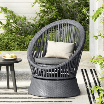 US Local 26.7 Modern Gray Wicker Lounge Chair With Rattan And Iron Frame, Featuring A Stylish Round Design, Perfect For Living Room, Patio, Or Balcony Relaxation