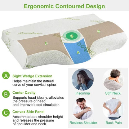 US Local Bamboo Memory Foam Sleep Pillow Contoured Cervical Orthopedic Pillow Neck Support Breath Pillow