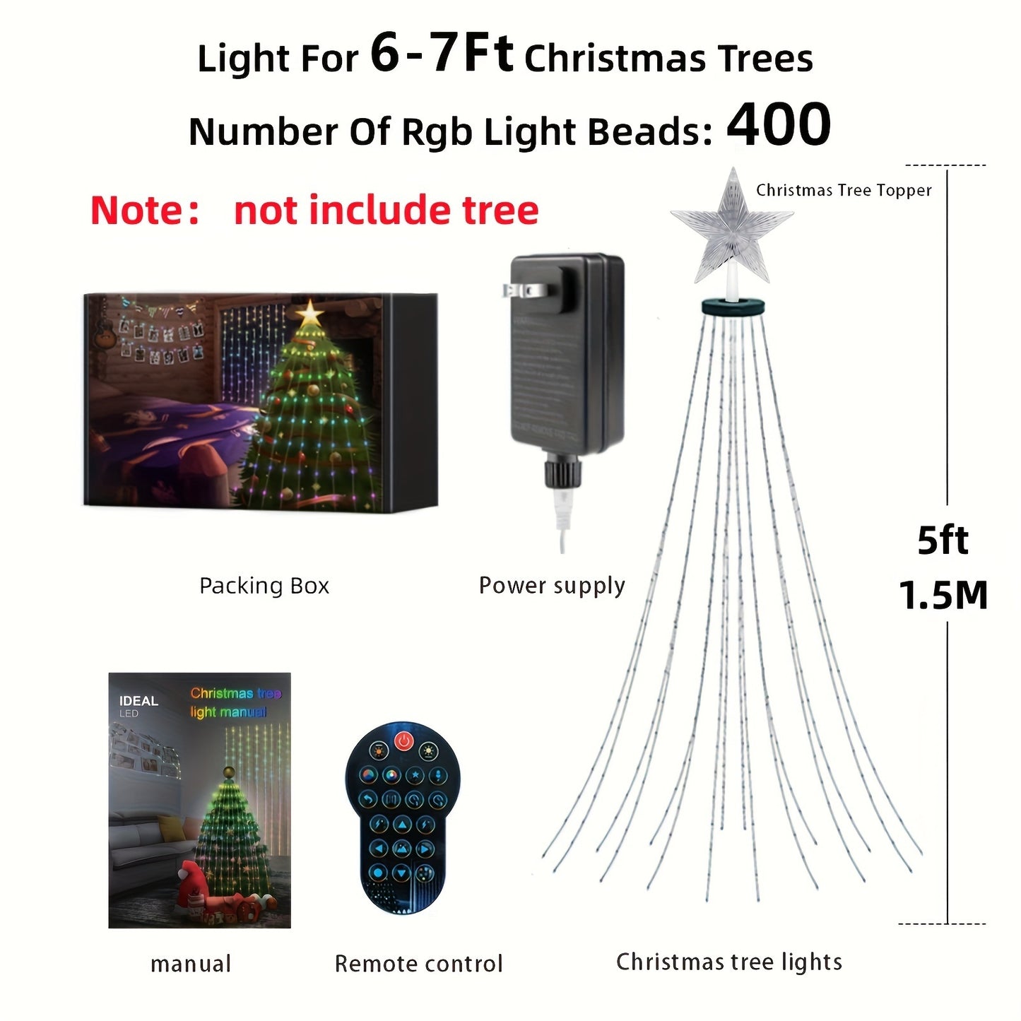 US Local 5-Foot Smart Christmas Tree With Lights - 400 LED Lights, Remote And App Control - Music Sync, 11 Modes - Green Wiring, Suitable For Artificial Trees - Multi-Color And Warm White, Indoor Outdoor Use