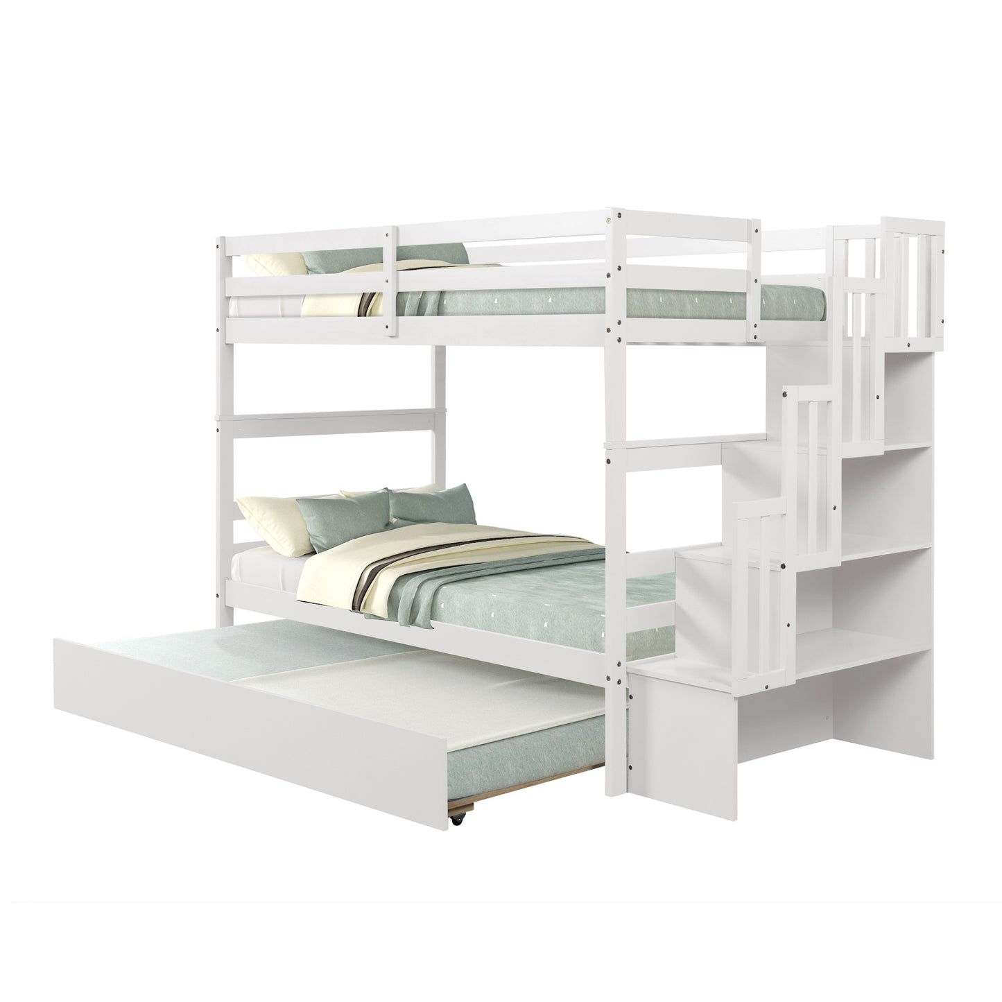 US Local Twin Bunk Beds With Trundle & Stairway Storage In White