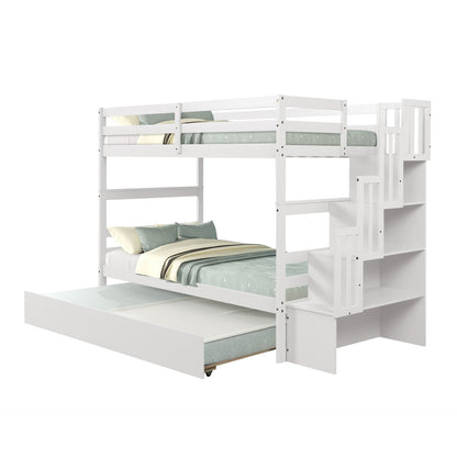 US Local Twin Bunk Beds With Trundle & Stairway Storage In White