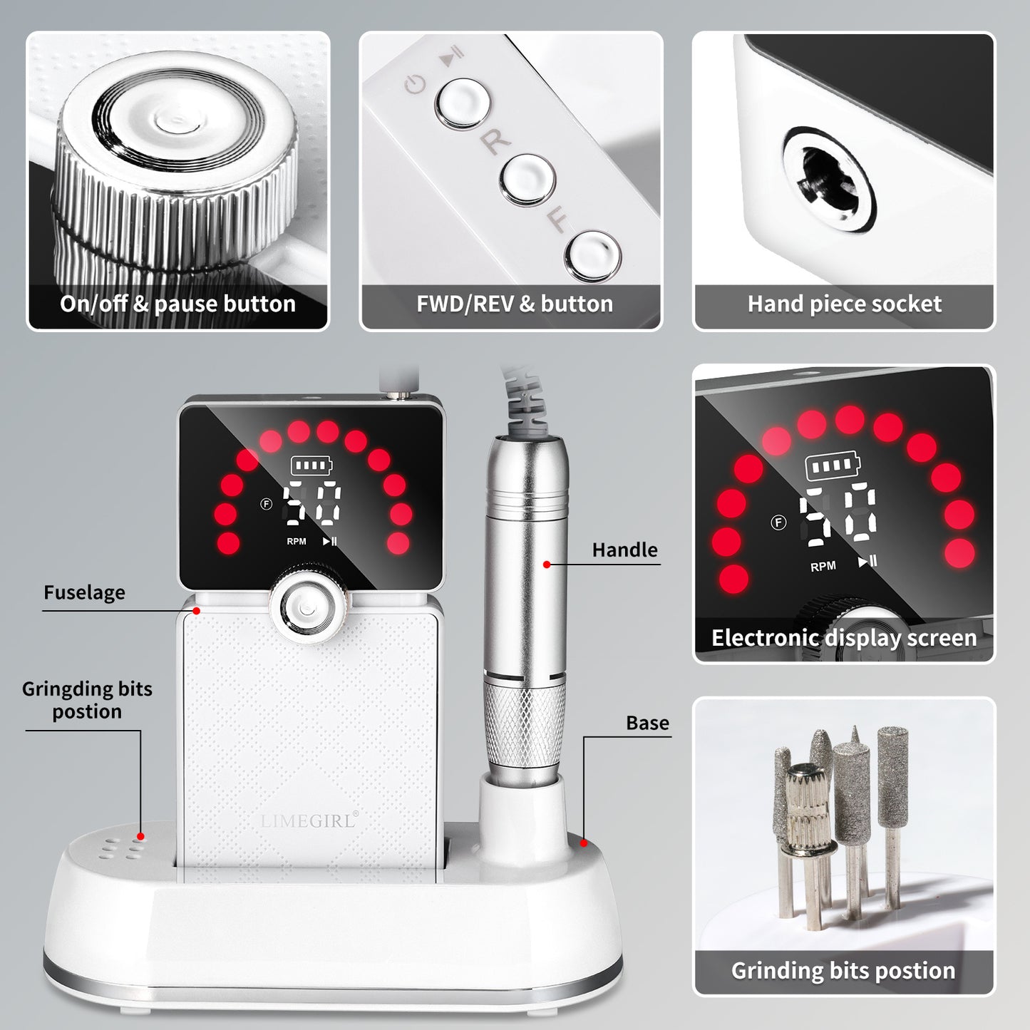 US Local Nail Drill, Portable Electric Nail File 50000RPM, Rechargeable Nail Drill Professional With Bits & Base, For Acrylic Gel Nails, E-File Machine, Manicure Polishing, For Salon Home