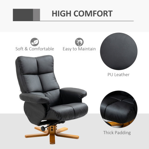 UK Local HOMCOM Recliner Armchair, Swivel Reclining Chair With Ottoman, Swivel Faux Leather Chair With Wooden Base And Storage Footstool For Living Room, Black