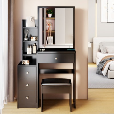 US Local 29.2 Small Space Left Bedside Cabinet Vanity Table  Cushioned Stool, Extra Large Right Sliding Mirror, Multi Layer High Capacity Storage, Practical Fashionable Dresser, Suitable For Small Space