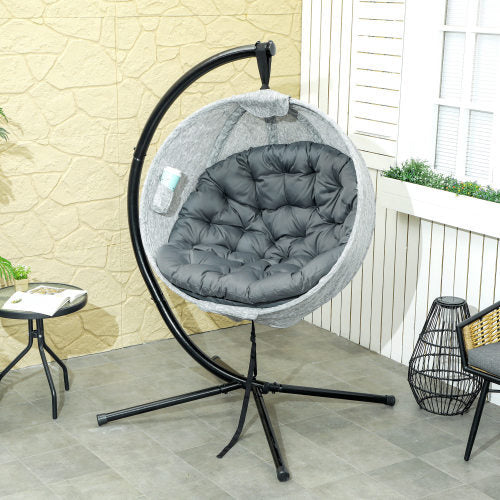 UK Local Outsunny Hanging Egg Chair Outdoor Indoor Garden Swing Chair With Folding Basket, Garden Hanging Chair With Stand, Thickened Cushion, Cup Holder For Patio, Balcony