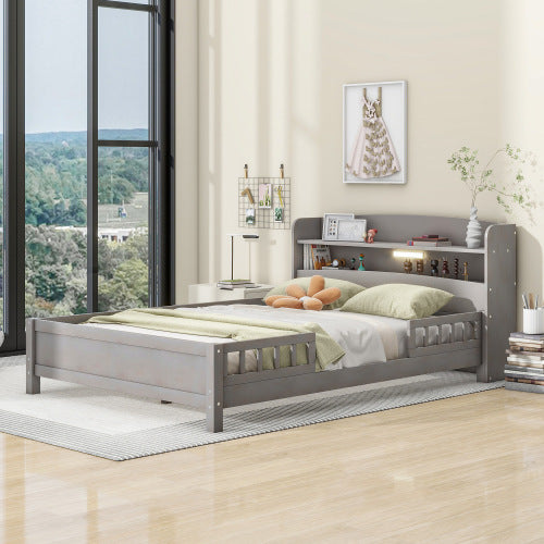 US Local Wood Full Size Platform Bed With Built-in LED Light, Storage Headboard And Guardrail, Antique Grey