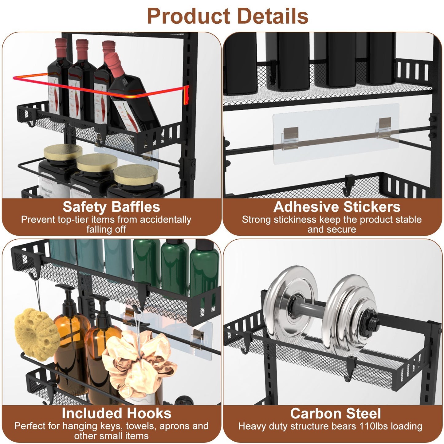 US Local Black-White Options -- 1Pc Over The Door Pantry Organizer 6-Tier Pantry Door Organizer Carbon Steel 110LBS Loading Easy Install Behind Door Storage For Closet Kitchen Bathroom 50.19H 17.12W 5.51in D