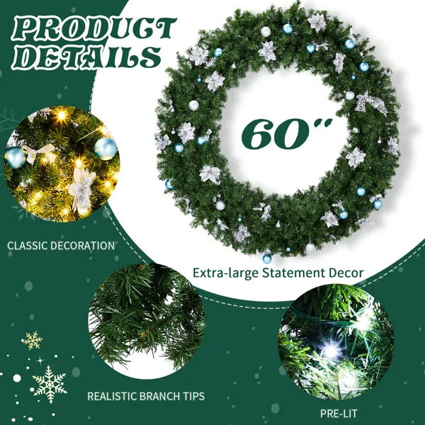 US Local 60in Pre-lit Christmas Wreath, Lighted Artificial Xmas Wreath With 220 Cold & Warm White Lights And 600 PVC Tips And DIY Ornaments, For Front Door Gate Wall Xmas Party Decorations, Light Green