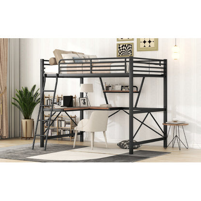 US Local Full Size Loft Metal&MDF Bed With Desk And Shelf, Black