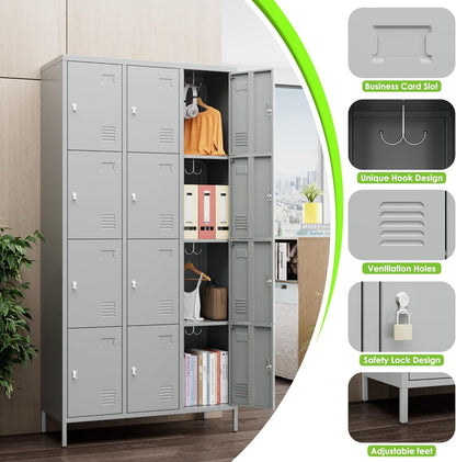 US Local Metal Lockers For Employees With 12 Door & Hooks,Metal Storage Locker With Lock And Card Slot For School Office Garage Gym Bedroom Home,Assembly Required,12 Doors Light Grey