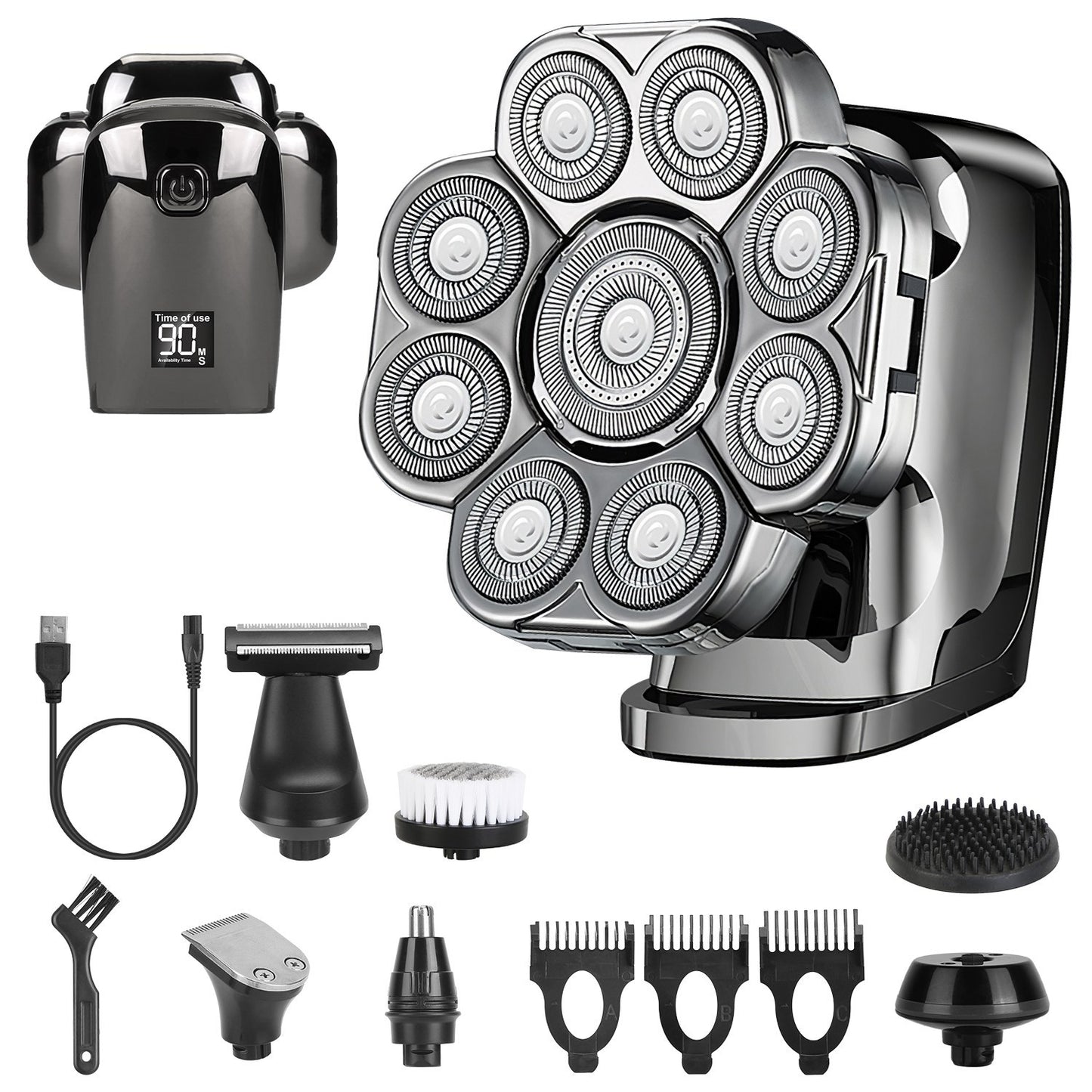 US Local 1Pc 6 In 1 9D Electric Head Shaver For Men Cordless Rechargeable Wet Dry Razor With LED Display Travel Lock Stall Protection Cleaning Reminder