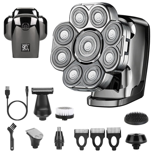 US Local 1Pc 6 In 1 9D Electric Head Shaver For Men Cordless Rechargeable Wet Dry Razor With LED Display Travel Lock Stall Protection Cleaning Reminder