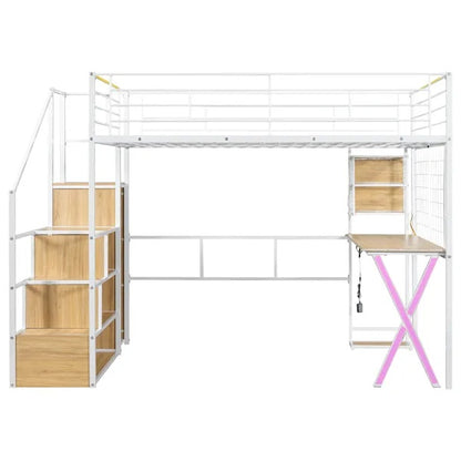 US Local Full Size Metal Loft Bed With Built-in Work Station, Wardrobe, Storage Staircase And LED, White