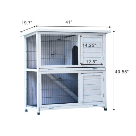 US Local Rabbit Hutch Outdoor, 2-Story Rabbit Cage Indoor With Run, Bunny Cage With 2 Removable No-Leak Trays, Pet Cages With Non-Slip Ramp, Waterproof Roof, Fence, For Small Animals