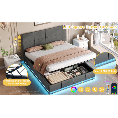 UK Local Ottoman Double Bed With LED Lighting, PU Leather Upholstered Bed With Hydraulic Storage, 4ft6 Double Bed Frame With Adjustable Square Tufted Headboard, Grey