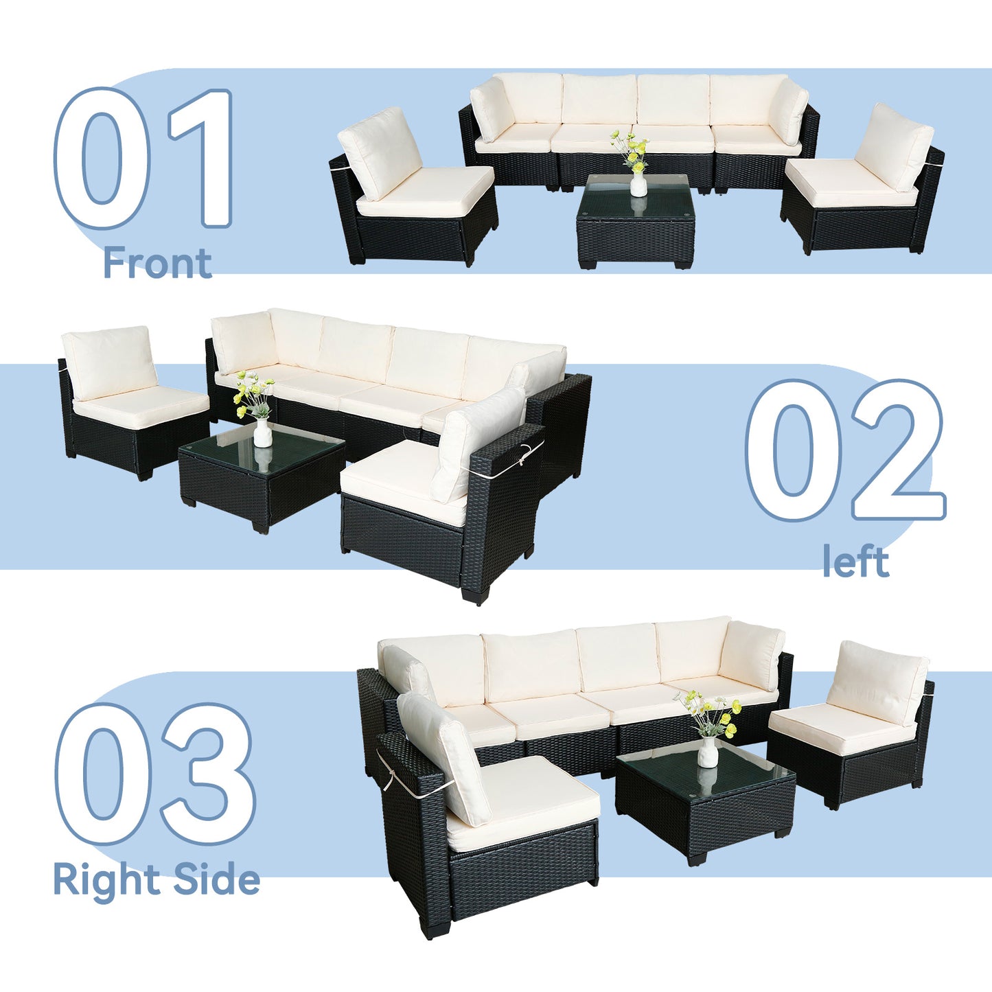 US Local Seven-Piece Sofa Set Table With Sofa Chair Black PE Rattan Outdoor New Design Furniture 7-JH002 Box 3-1-2-3 With White Color Cushion