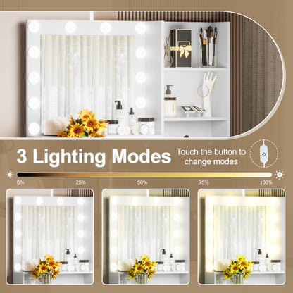 US Local Vanity Desk With Mirror And 3 Lighting Modes, Makeup Vanity With Glass Top And Storage Shelves, Dressing Table With 2 Drawers And Cabinet