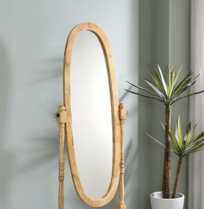 US Local 59.25  Tall Standing Wooden Floor Mirror With Natural Finish, Oval Shape