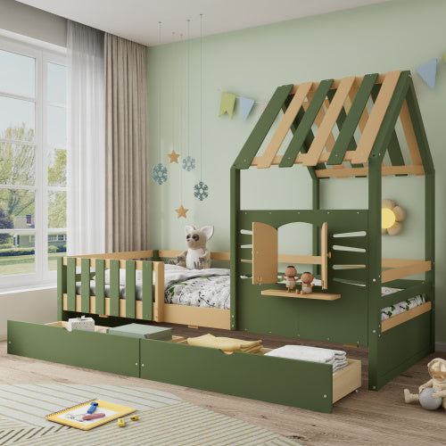 UK Local Wooden Bed, Children S Bed, 3ft Single Bed 90x190cm, MDF  Pinewood  Plywood, Two Storage Drawers,  Roof Shape With A Window, Green  Natural